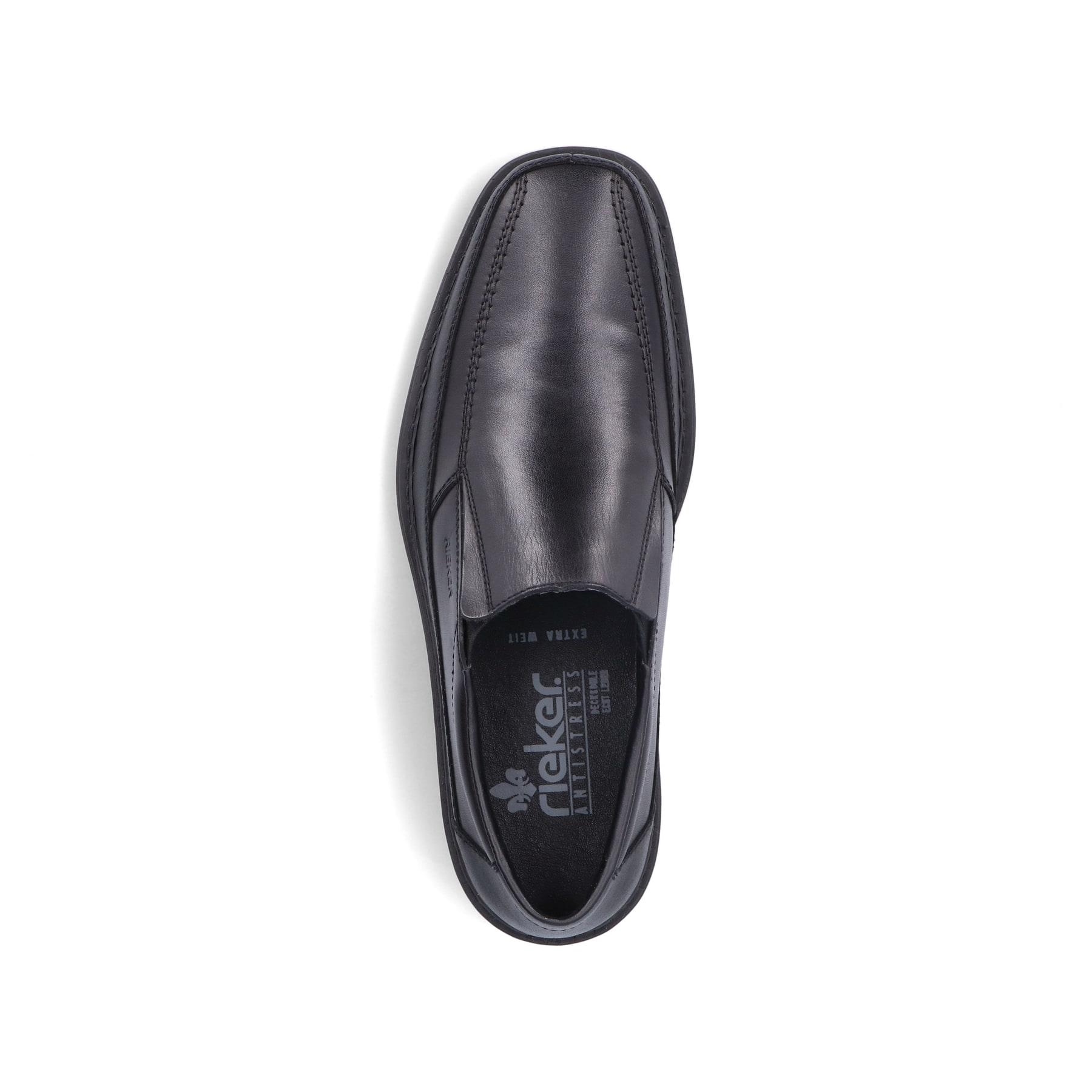 Schwarze Rieker Herren Slipper B0873-00 mit Elastikeinsatz sowie Extraweite H. Schuh Außenseite gespiegelt.