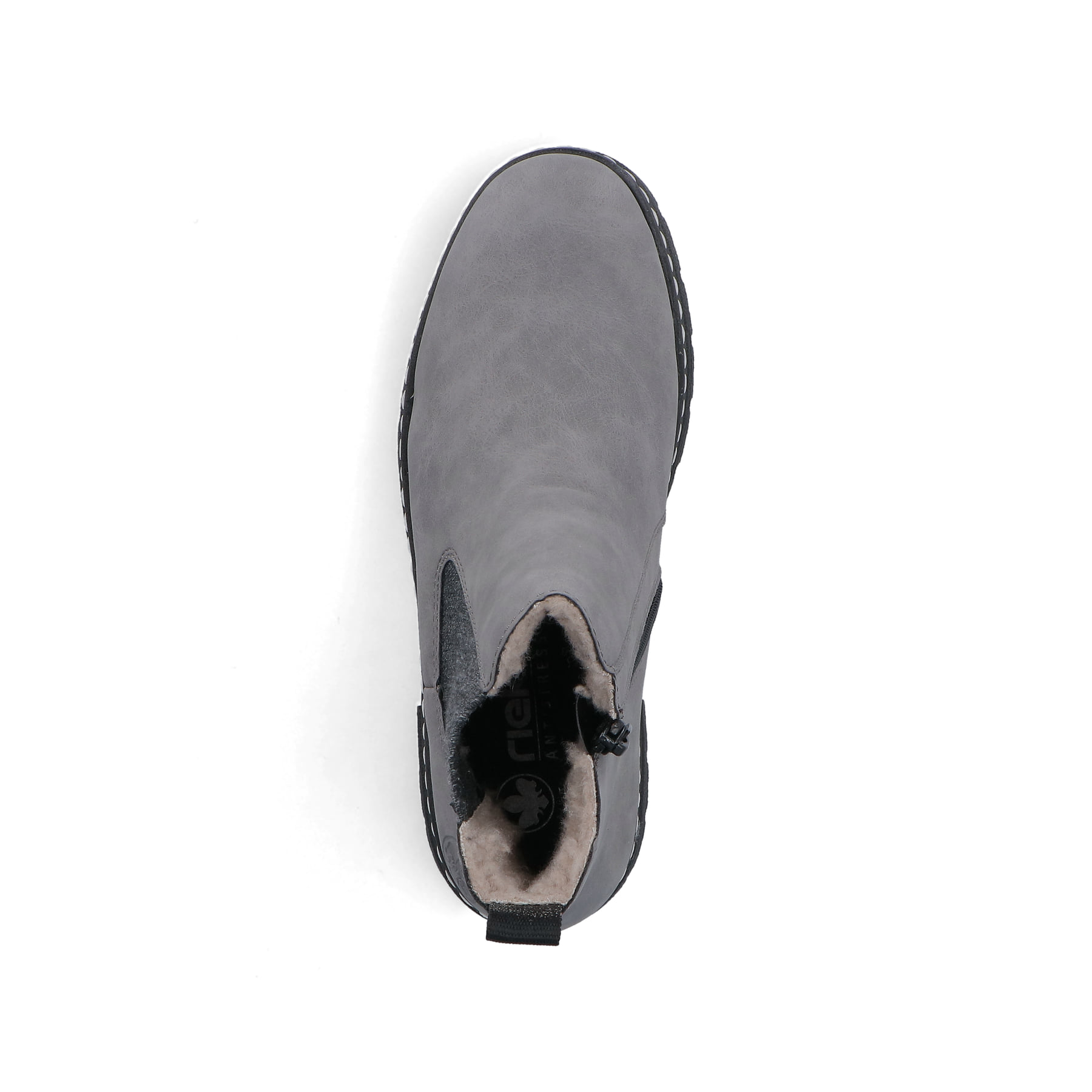Hellgraue Rieker Damen Chelsea Boots 73892-42 mit einem Reißverschluss. Schuh von oben.