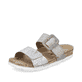 Graue Rieker Damen Pantoletten 69881-40 mit Klettverschluss sowie Textprint. Schuh seitlich schräg.