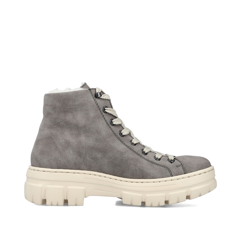 Staubgraue Rieker Damen Schnürstiefel Z7410-40 mit Schnürung und Reißverschluss. Schuh von hinten