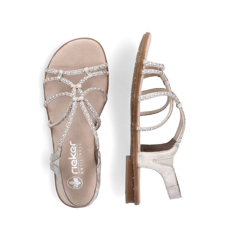 Beige Rieker Damen Riemchensandalen 64270-60 mit Strasssteinen sowie Gummizug. Schuh von oben, liegend.