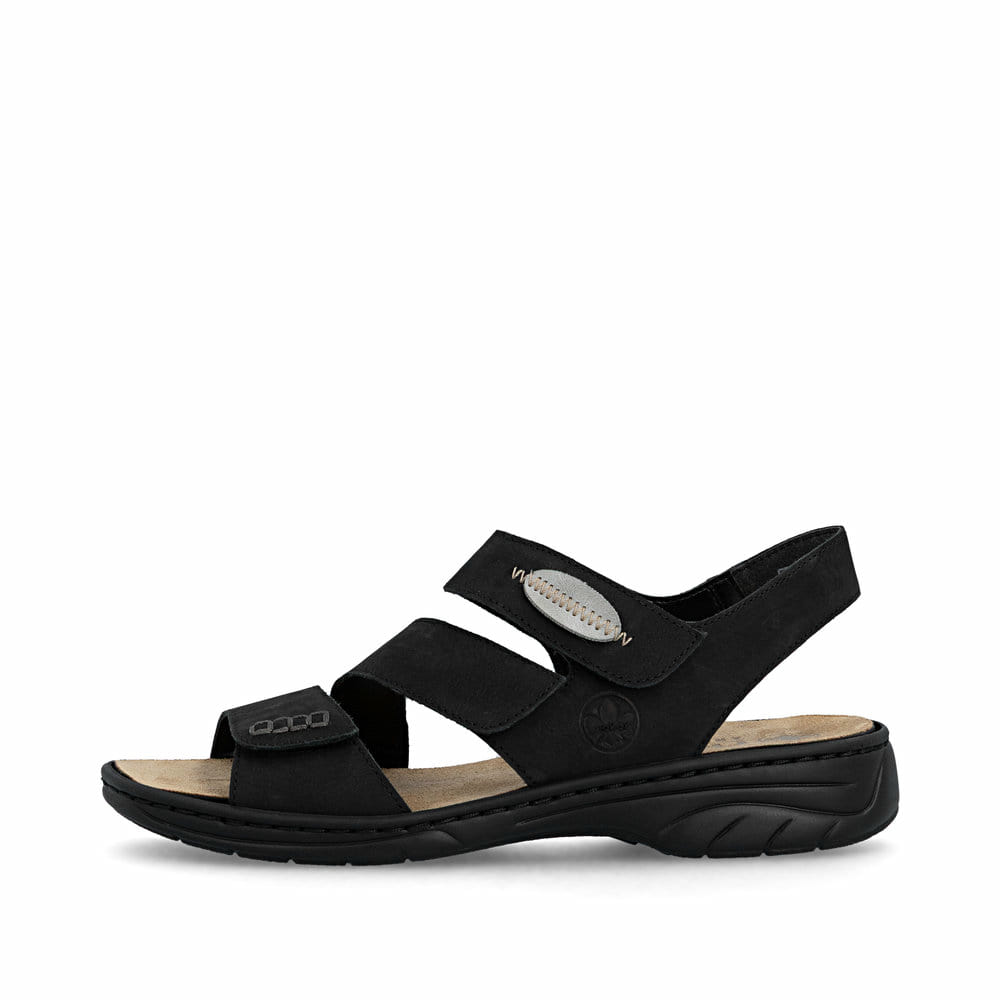 Schwarze Rieker Damen Riemchensandalen 64573-00 mit einem Klettverschluss. Schuh Außenseite.