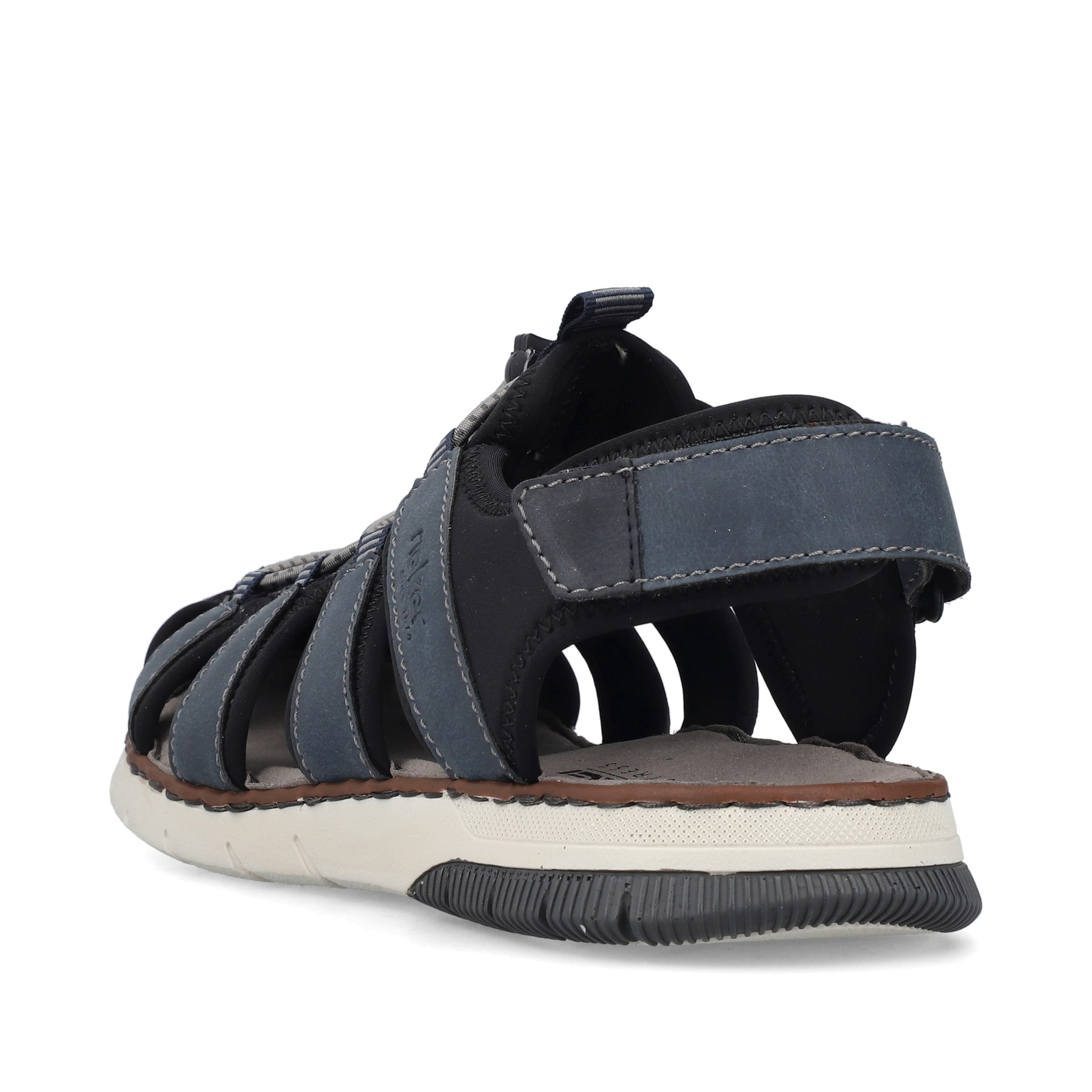 Stahlblaue Rieker Herren Trekkingsandalen 25246-14 mit einem Klettverschluss. Schuh von hinten.