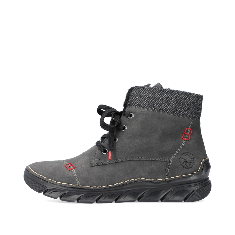 
Graue Rieker Damen Schnürstiefel 55031-45 mit einer schockabsorbierenden Sohle. Schuh Außenseite