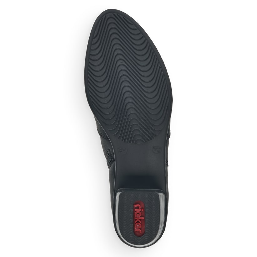 Tiefschwarze Rieker Damen Stiefeletten Y0782-01 mit Reißverschluss sowie Blockabsatz. Schuh Laufsohle