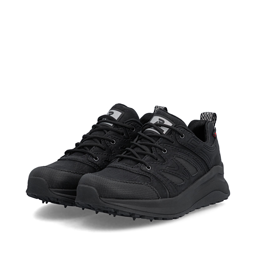 Schwarze Rieker Damen Sneaker Low Z0900-00 mit wasserabweisender TEX-Membran. Schuhpaar seitlich schräg.