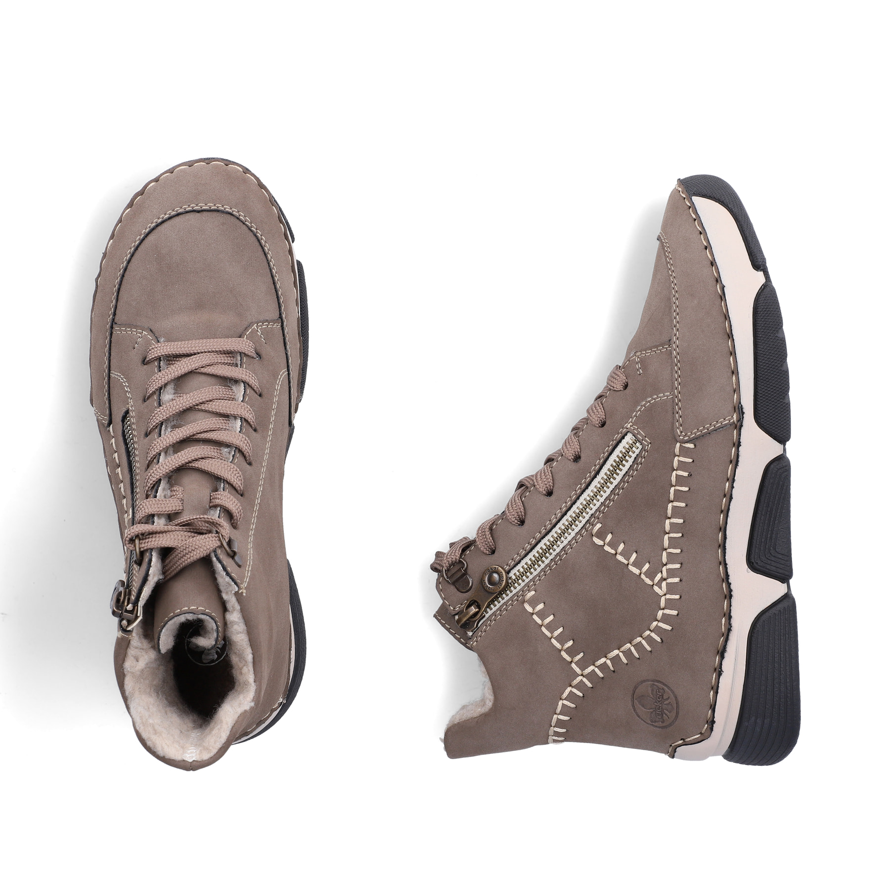 Braune Rieker Damen Schnürstiefel 45962-25 mit modernen Ziernähten. Schuh von oben, liegend.