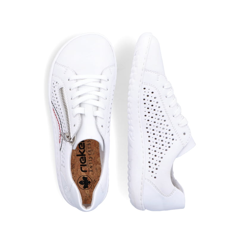 Weiße Rieker Damen Schnürschuhe 52824-80, Barfußschuhe mit runden Ziernähten. Schuh von oben, liegend.