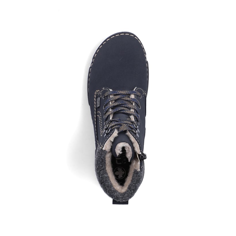Dunkelblaue Rieker Damen Schnürstiefel 45925-14 mit einem Reißverschluss. Schuh von oben.