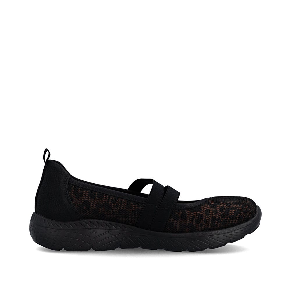 Schwarze Rieker Ballerinas M5075-00 mit einem Gummizug sowie der Komfortweite G. Schuh Innenseite.