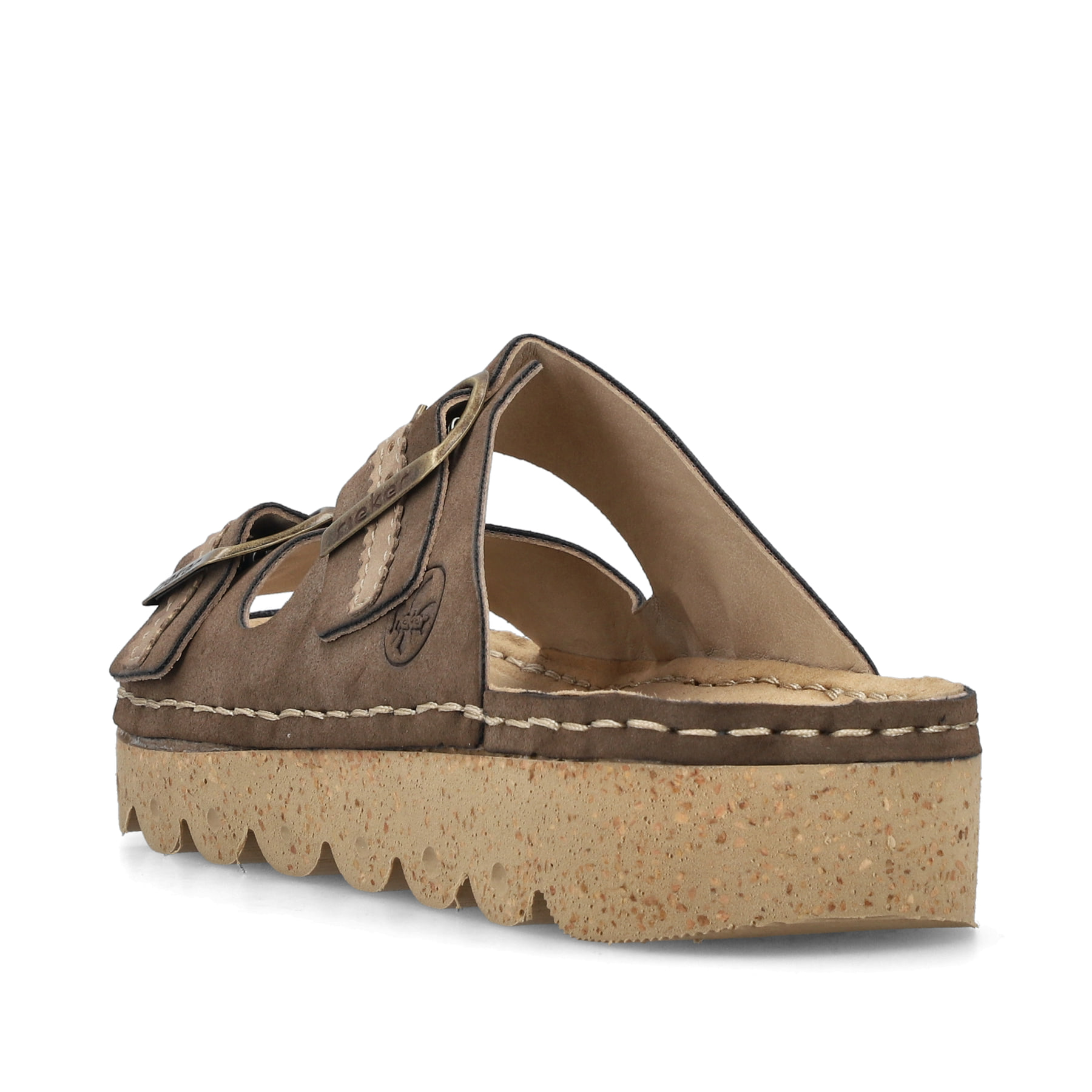 Braune Rieker Damen Pantoletten V8751-24 mit Schnallen sowie leichter Sohle. Schuh von hinten.