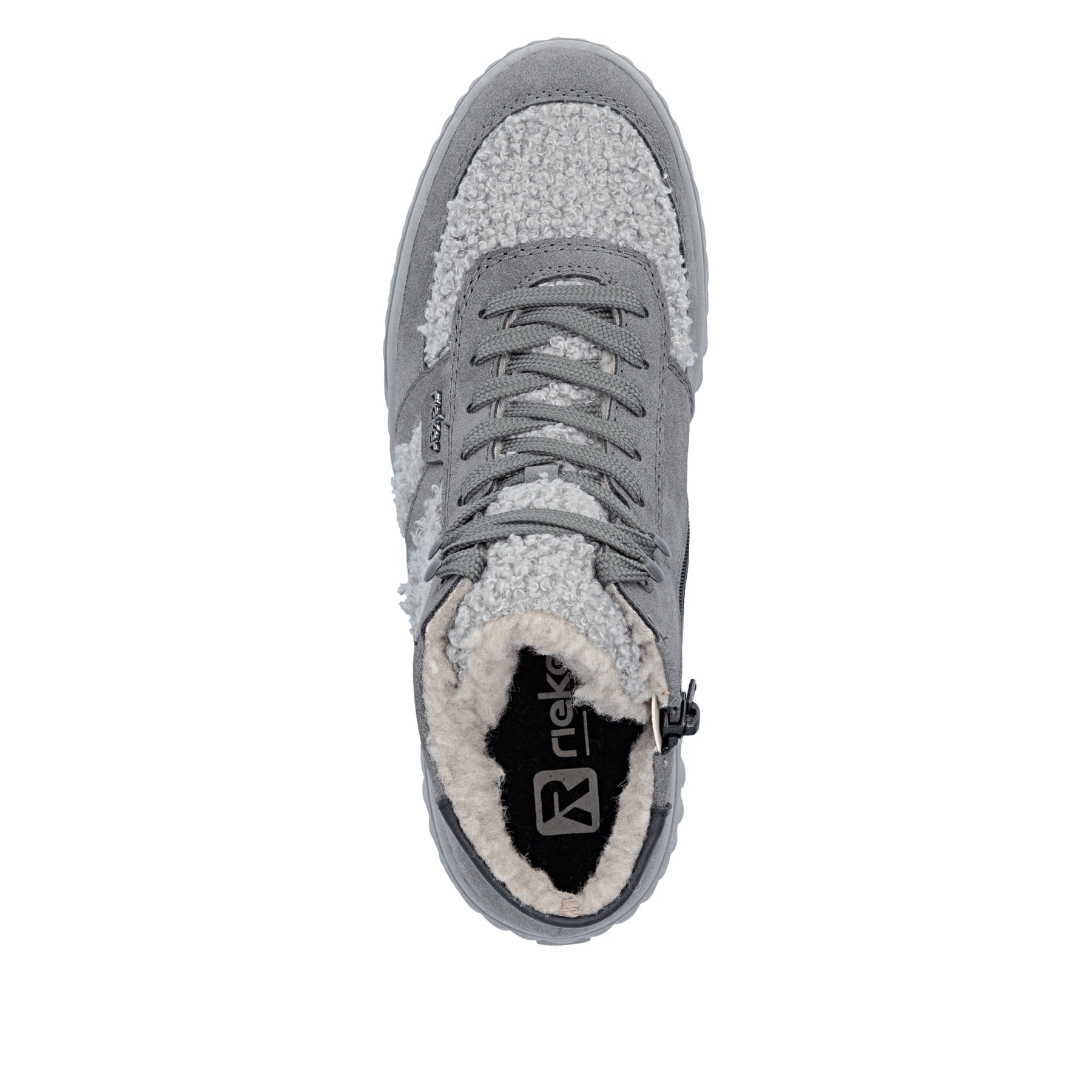 Dunkelgraue Rieker Damen Sneaker High N2515-45 mit Teddyfell-Details. Schuh von oben.