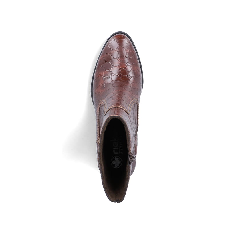 Braune Rieker Damen Stiefeletten 74170-25 mit einem Reißverschluss. Schuh von oben.