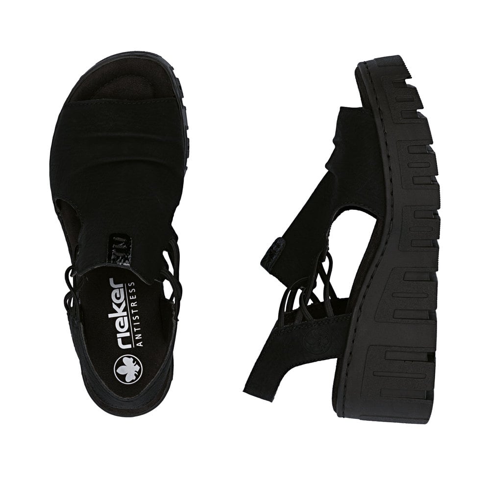 Schwarze Rieker Damen Sandalen 68075-00 mit einem Gummizug. Schuh von oben, liegend.