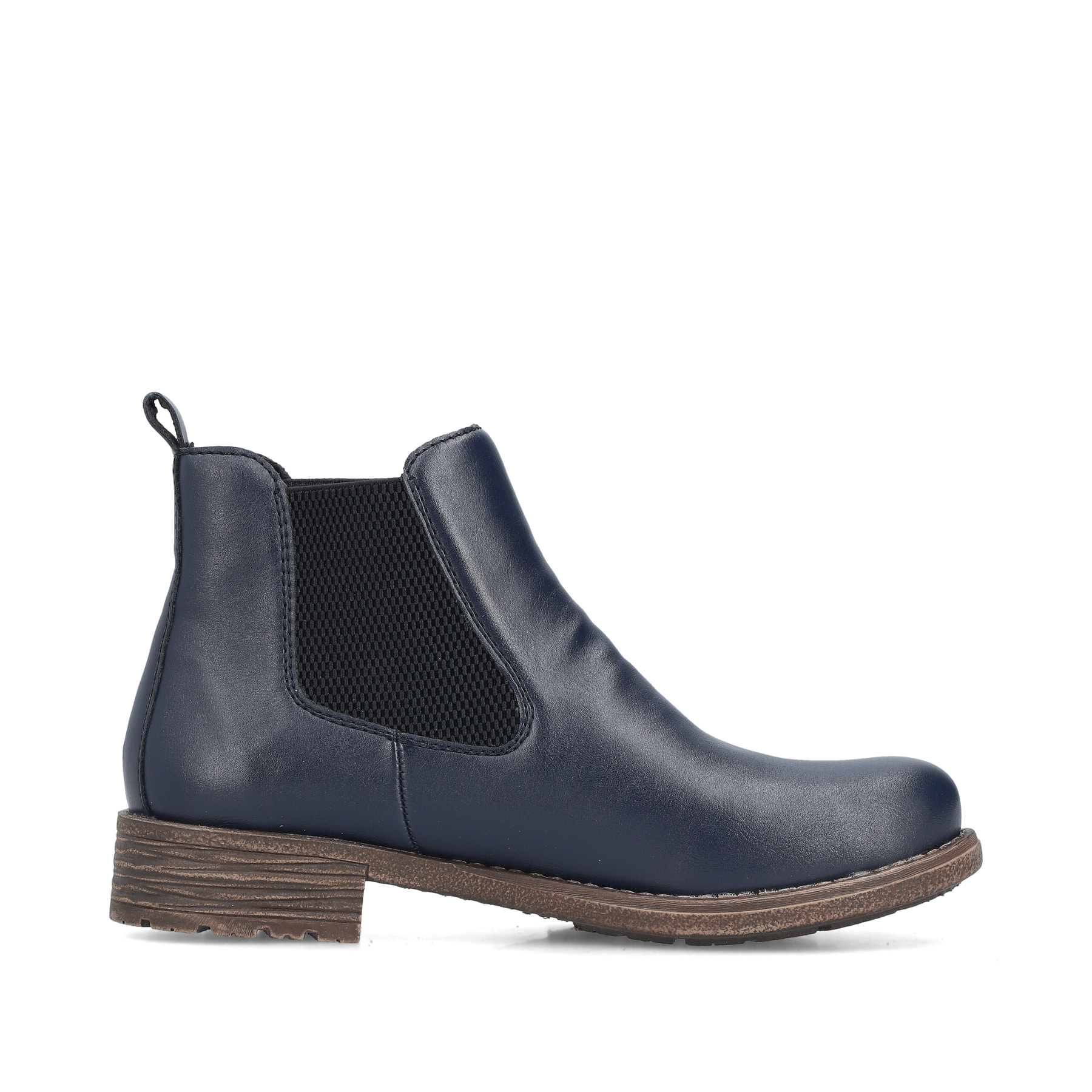 Dunkelblaue Rieker Damen Chelsea Boots 79450-14 mit einem Gummizug. Schuh Innenseite.