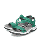 Grüne Rieker Damen Trekkingsandalen 68871-52 mit einem Klettverschluss. Schuhpaar seitlich schräg.