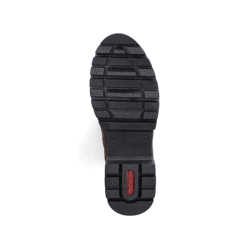 Dunkelbraune Rieker Damen Hochschaftstiefel 76892-25 mit Deko-Schnalle. Schuh Laufsohle.