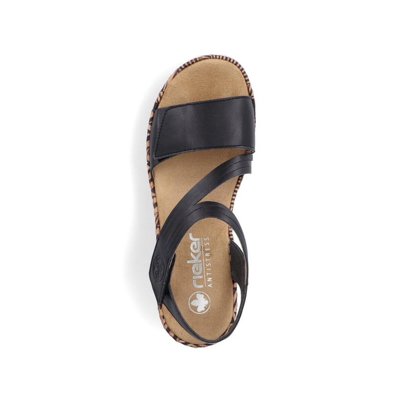Schwarze Rieker Keilsandaletten V3964-01 mit einem Klettverschluss. Schuh von oben.