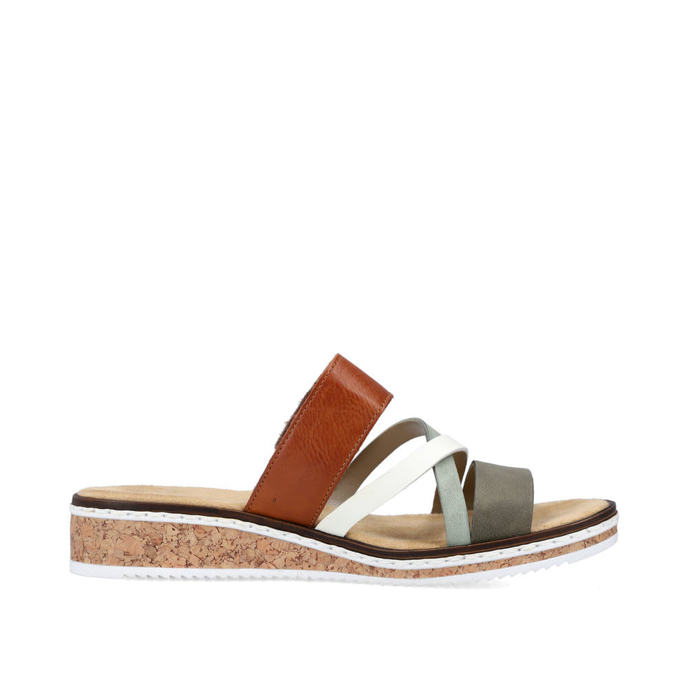 Mehrfarbige Rieker Damen Pantoletten V3652-91 mit einem Klettverschluss. Schuh Innenseite.