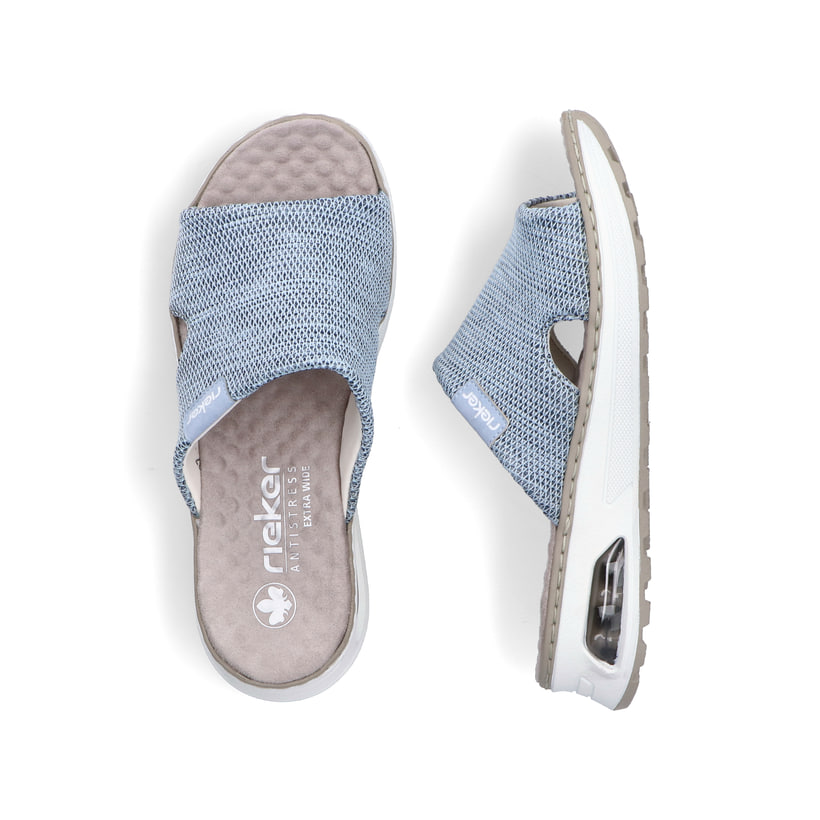 Blaue vegane Rieker Damen Pantoletten 65651-12 mit Rieker Air Sohlenfenster. Schuh von oben, liegend.