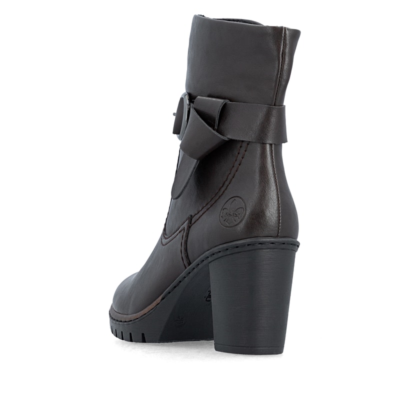 Dunkelbraune Rieker Damen Stiefeletten Y2590-25 mit einem Reißverschluss. Schuh von hinten.