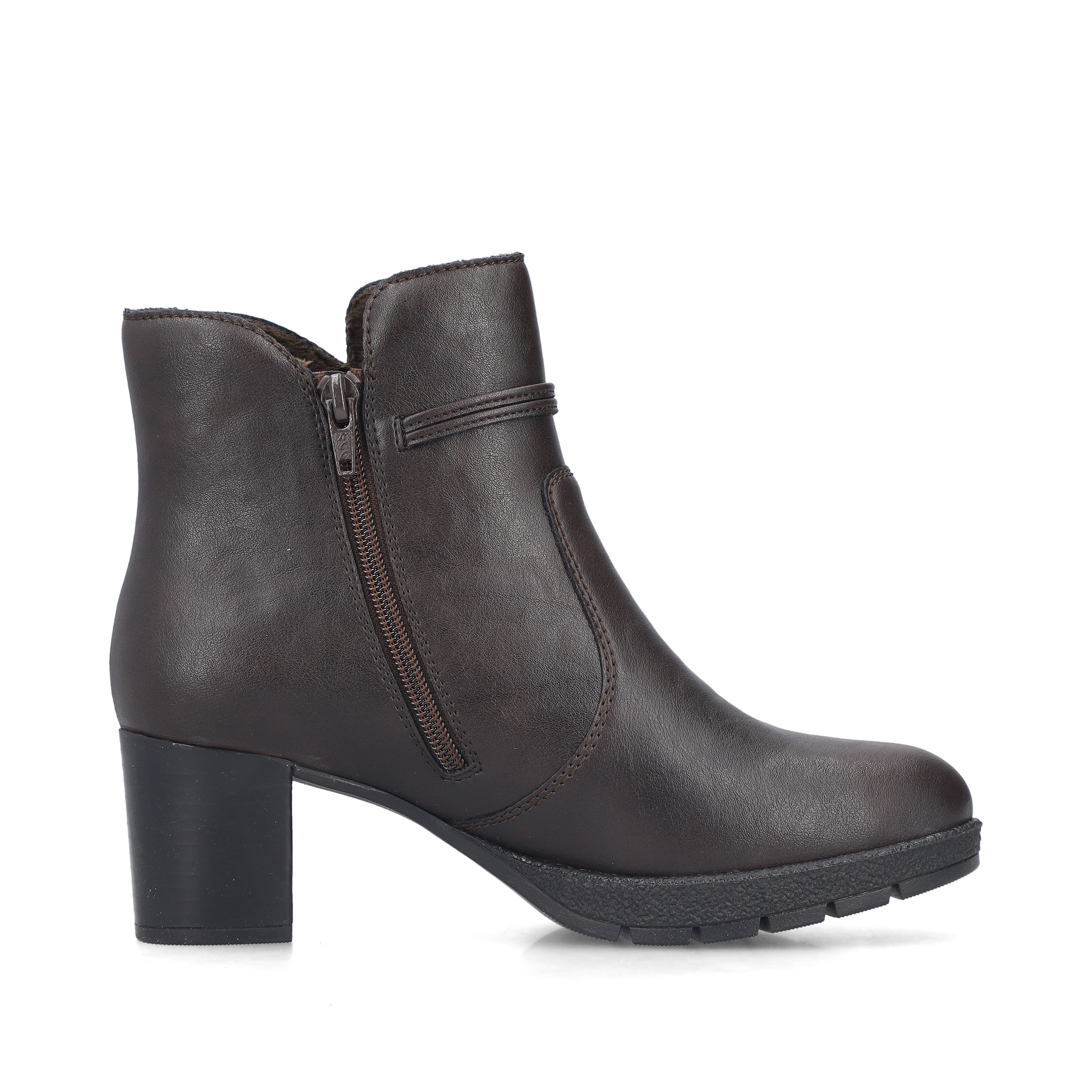 Dunkelbraune Rieker Damen Stiefeletten 77667-25 mit dekorativer Kordel. Schuh Innenseite.