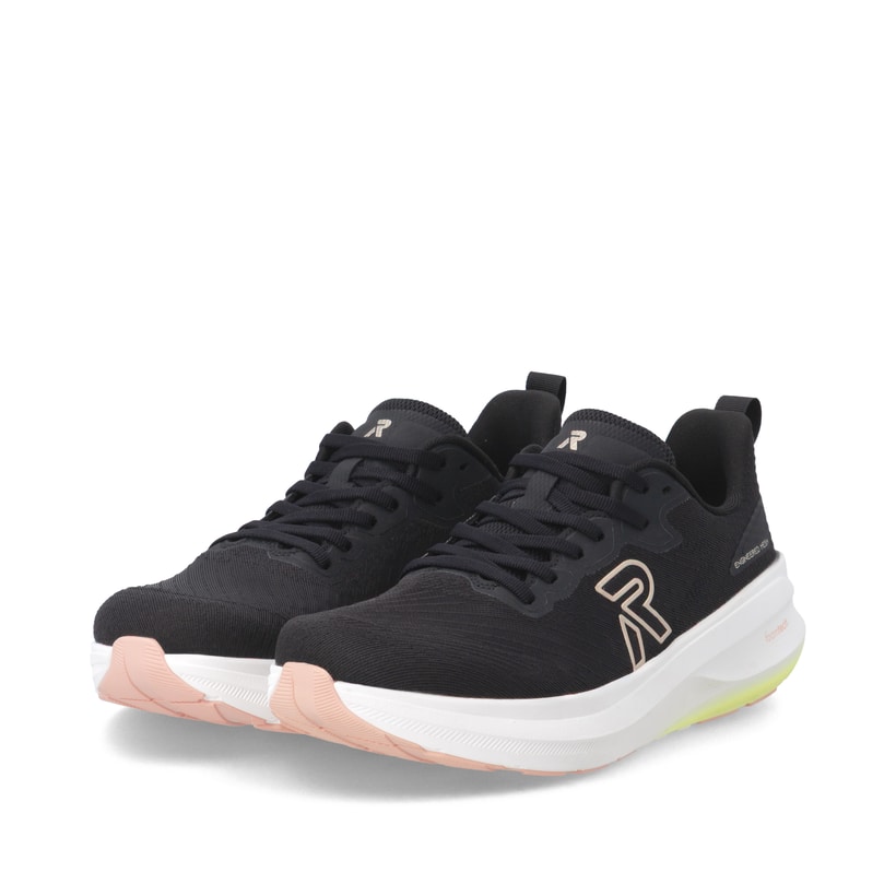 Schwarze Rieker Sport Damen Sneaker Low W4301-00. Schuhpaar seitlich schräg.