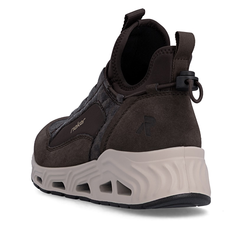 Baskets basses Rieker marron pour femmes N5254-25 avec bande élastique. Chaussure vue de l'arrière.