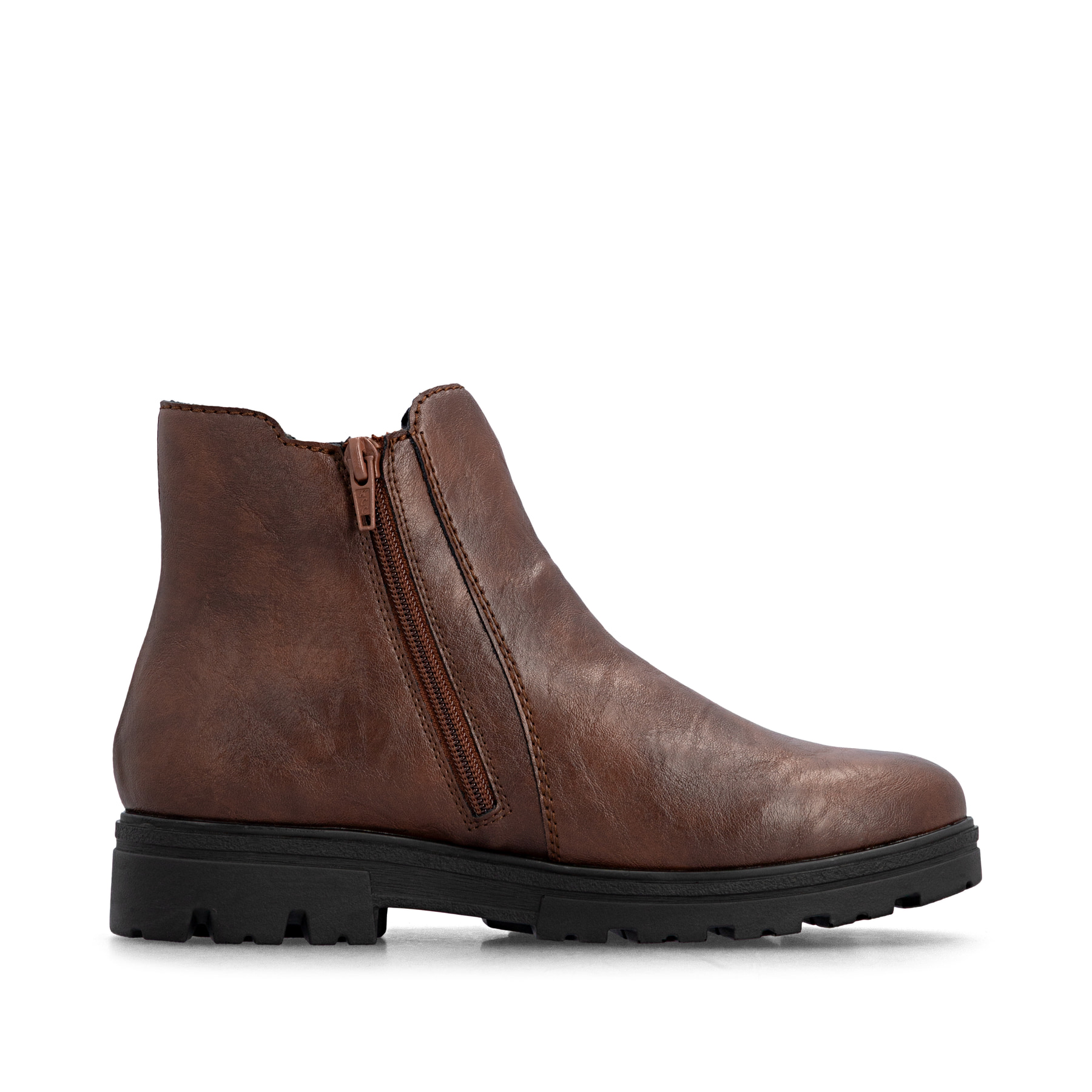 Chelsea Boots Rieker marron pour femmes 43072-22 avec fermeture éclair. Côté intérieur de la chaussure.