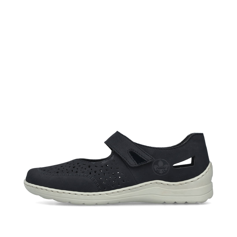Blaue Rieker Ballerinas 48996-14 mit modernen Ziernähten sowie Klettverschluss. Schuh Außenseite.