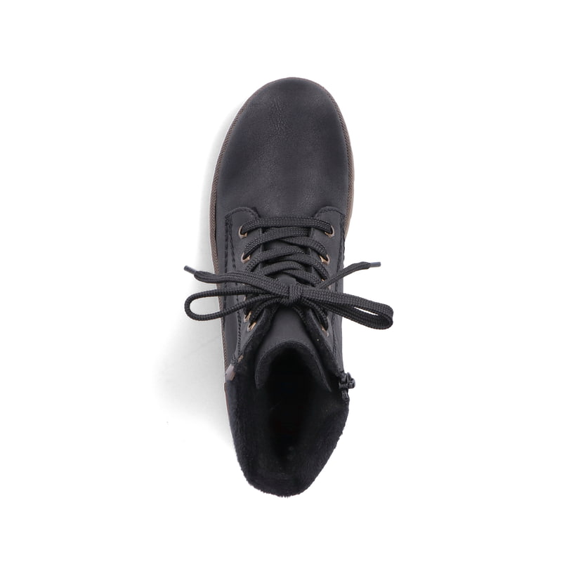 Graphitschwarze Rieker Damen Schnürstiefel Y7418-00 mit einer robusten Profilsohle. Schuh von oben