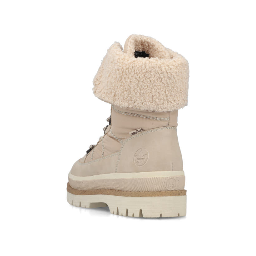 Beige Rieker Damen Schnürstiefel Y6200-62 mit wasserabweisender TEX-Membran. Schuh von hinten.