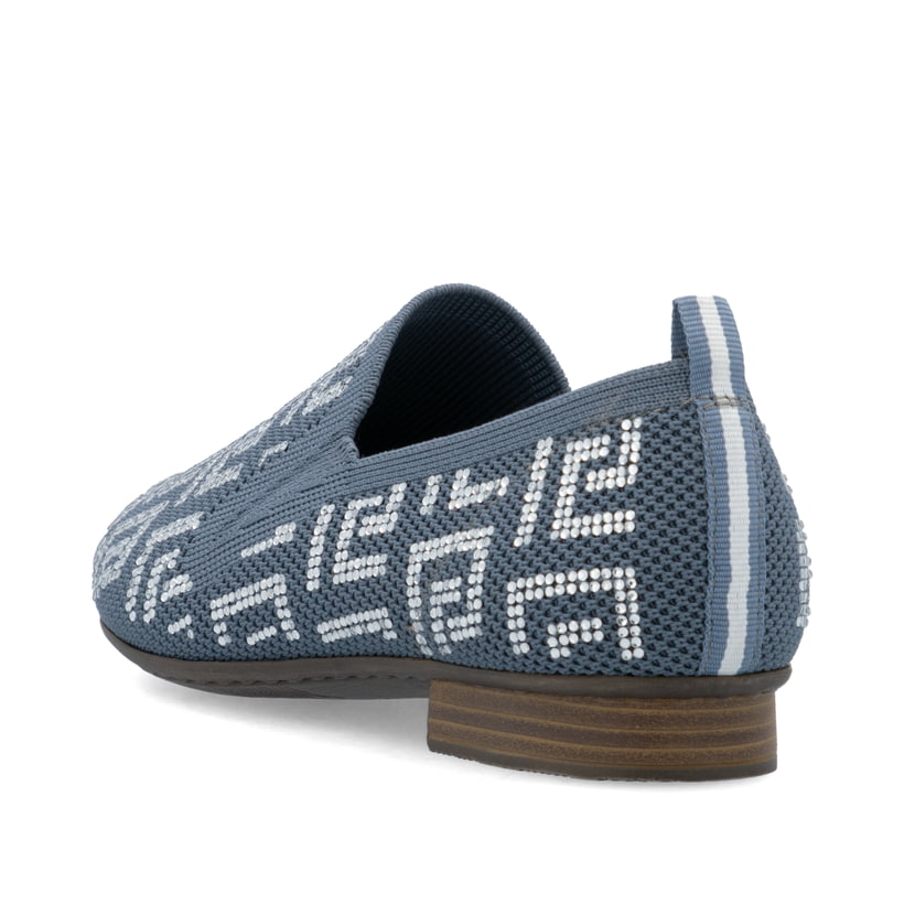 Blaue Rieker Damen Loafer 51953-12 mit Gummizug sowie extra weicher Decksohle. Schuh von hinten.