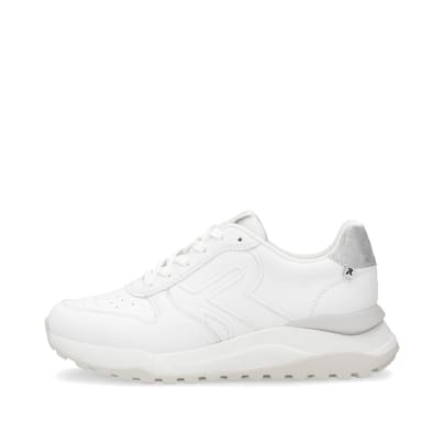 Weiße Rieker Damen Sneaker Low W2502-80 mit Schnürung sowie super leichter Sohle. Schuh Außenseite.