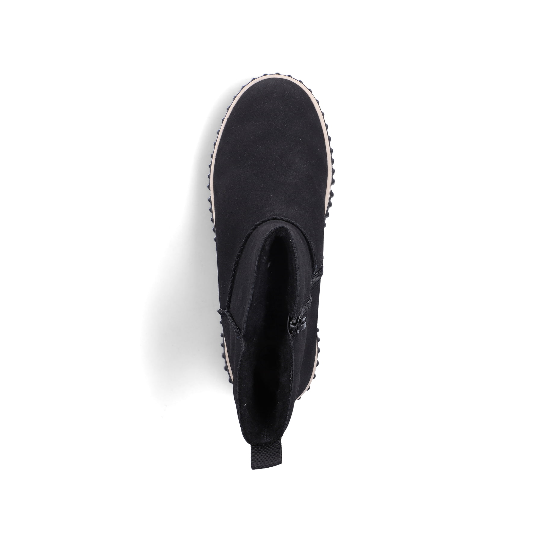 Schwarze Rieker Damen Kurzstiefel Y6364-00 mit einem Reißverschluss. Schuh von oben.