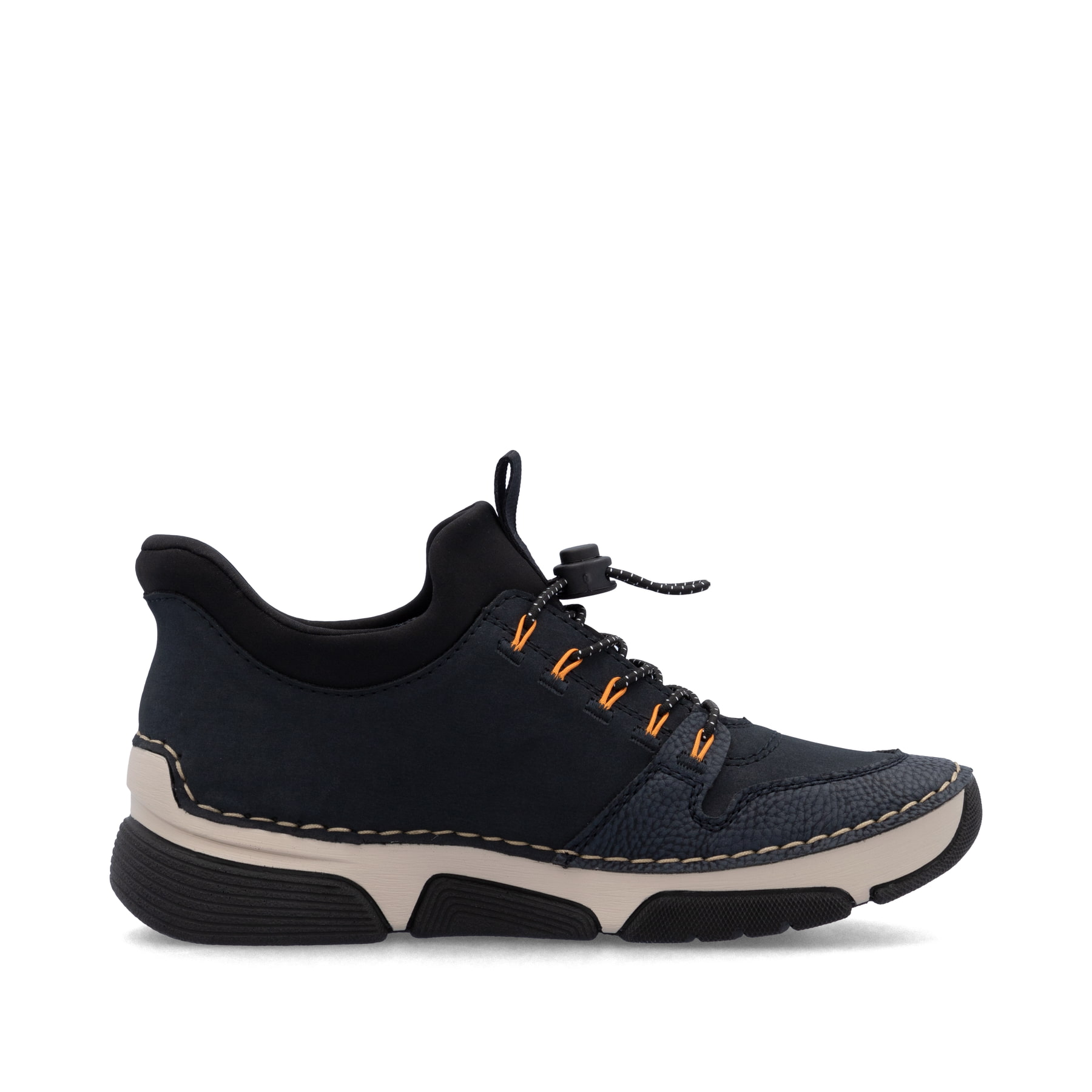 Dunkelblaue Rieker Damen Slipper 45963-14 mit easy Hineinschlüpf-Möglichkeit. Schuh von hinten.