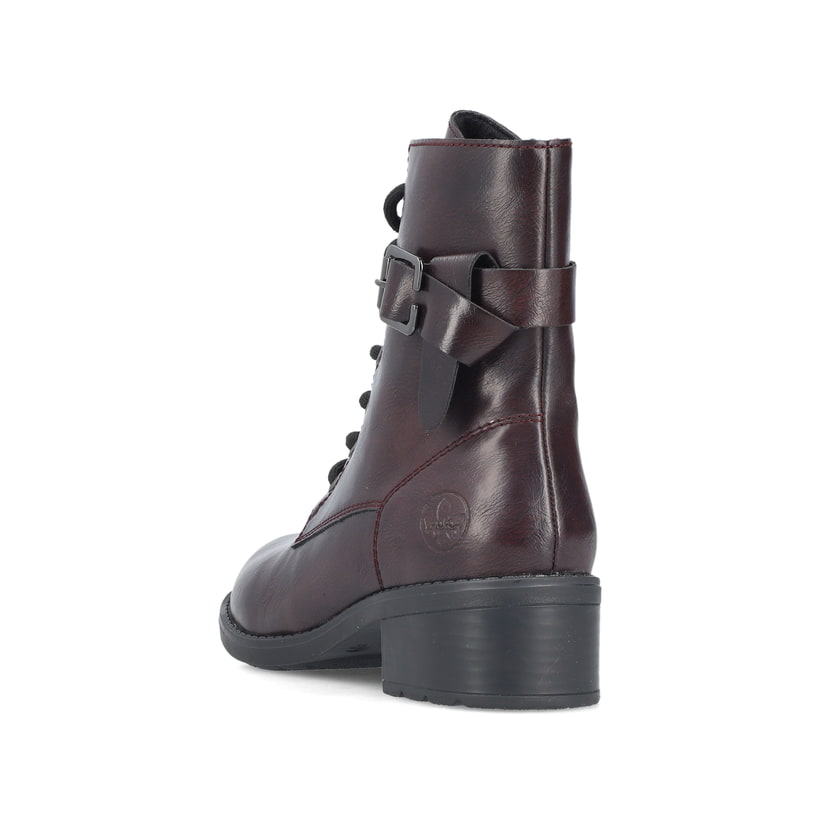 Schwarzrote Rieker Damen Stiefeletten 75431-35 mit einem Reißverschluss. Schuh von hinten.