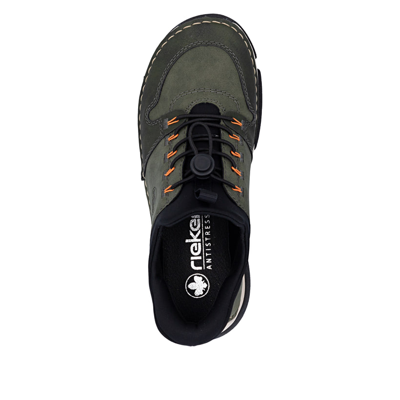 Khaki-schwarze Rieker Damen Slipper 45963-54 mit Ready2GO Schnell-Anziehfunktion. Schuh von oben.