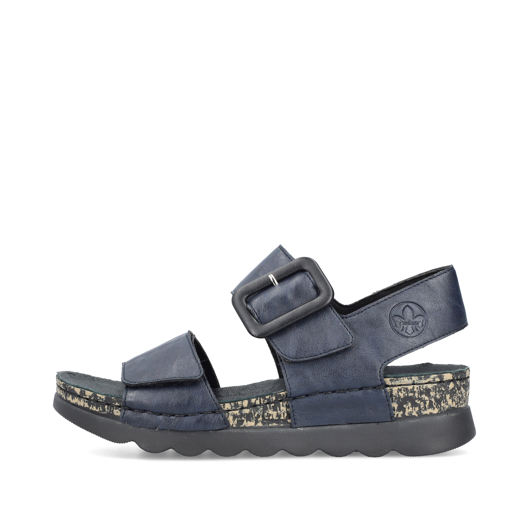 Blaue Rieker Damen Riemchensandalen 64450-14 mit einem Klettverschluss. Schuh Außenseite.