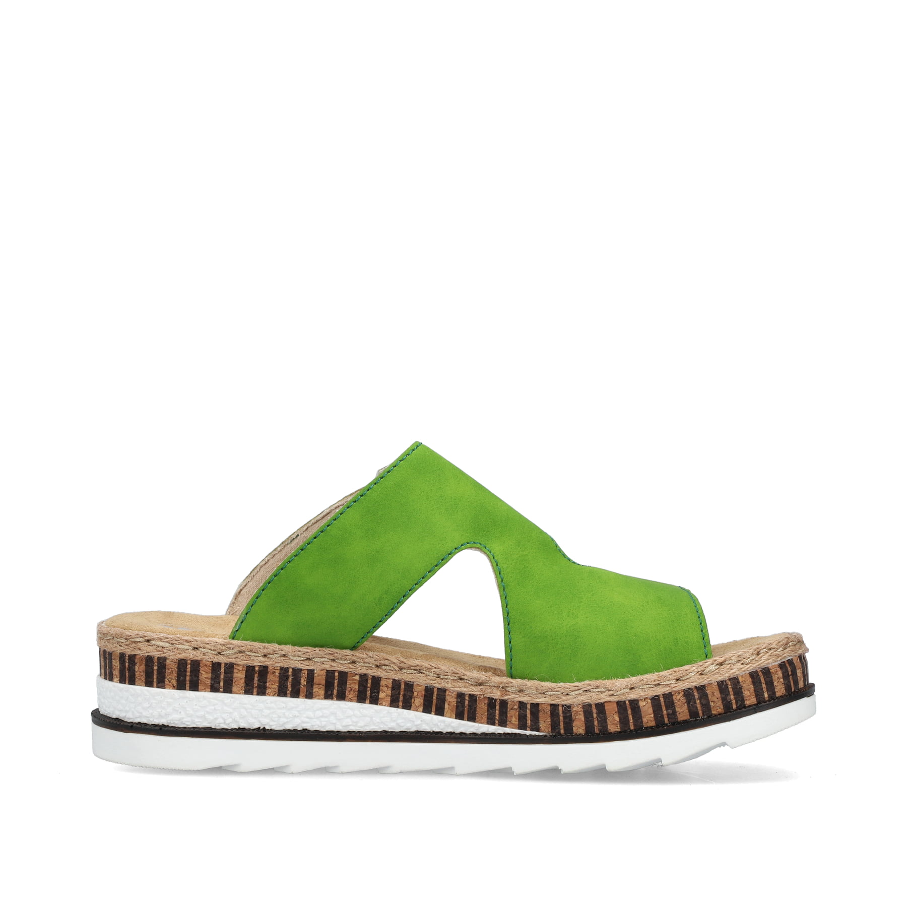 Grüne Rieker Damen Pantoletten V7982-52 mit einem Klettverschluss. Schuh Innenseite.