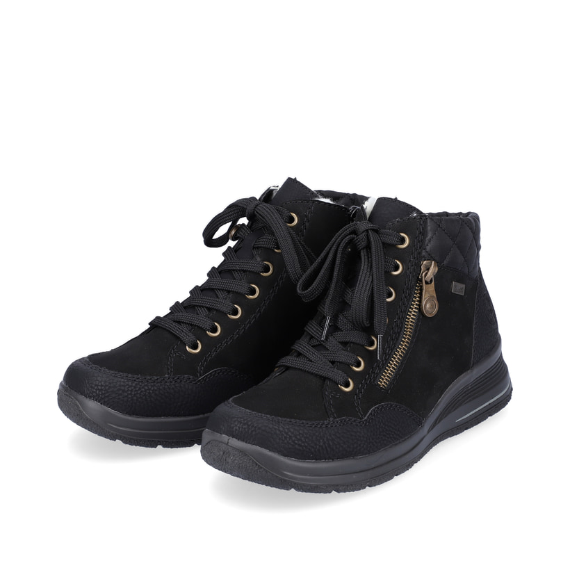 Tiefschwarze Rieker Damen Schnürschuhe L7701-00 mit Schnürung und Reißverschluss. Schuhpaar schräg.
