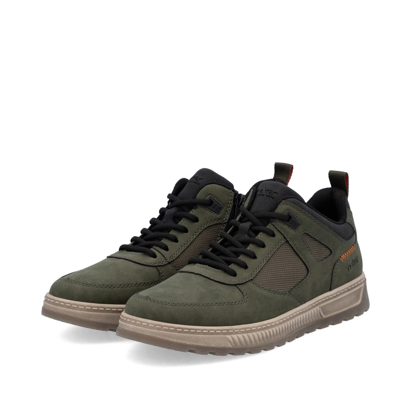 Dunkelgrüne Rieker Herren Schnürschuhe 37004-54 mit einem Reißverschluss. Schuhpaar seitlich schräg.
