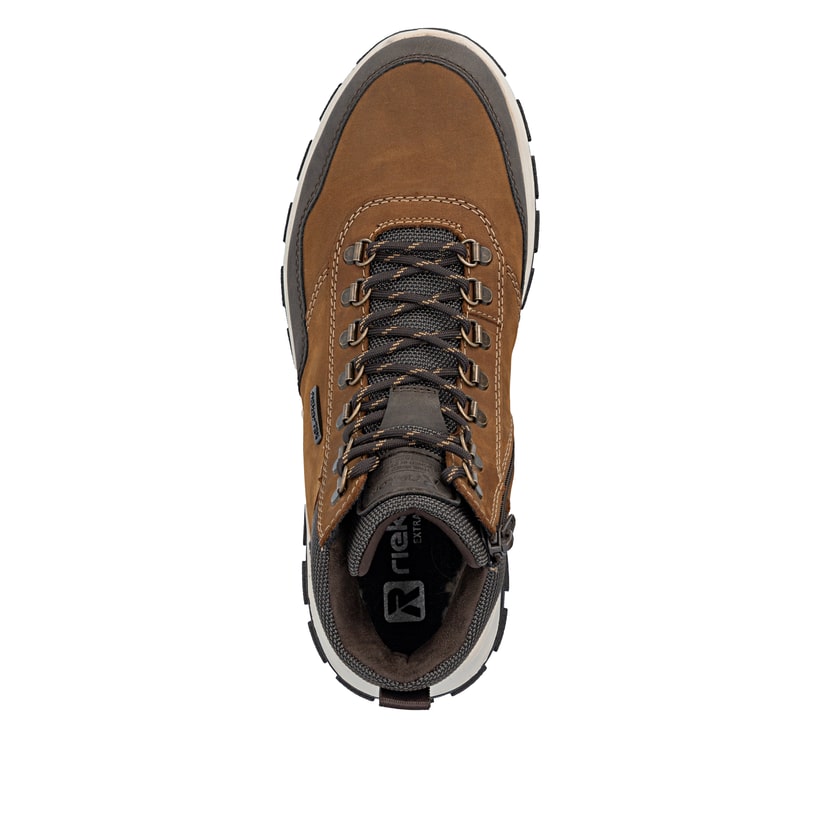 Braun-schwarze Rieker Herren Schnürstiefel B8124-22 mit einem Reißverschluss. Schuh von oben.