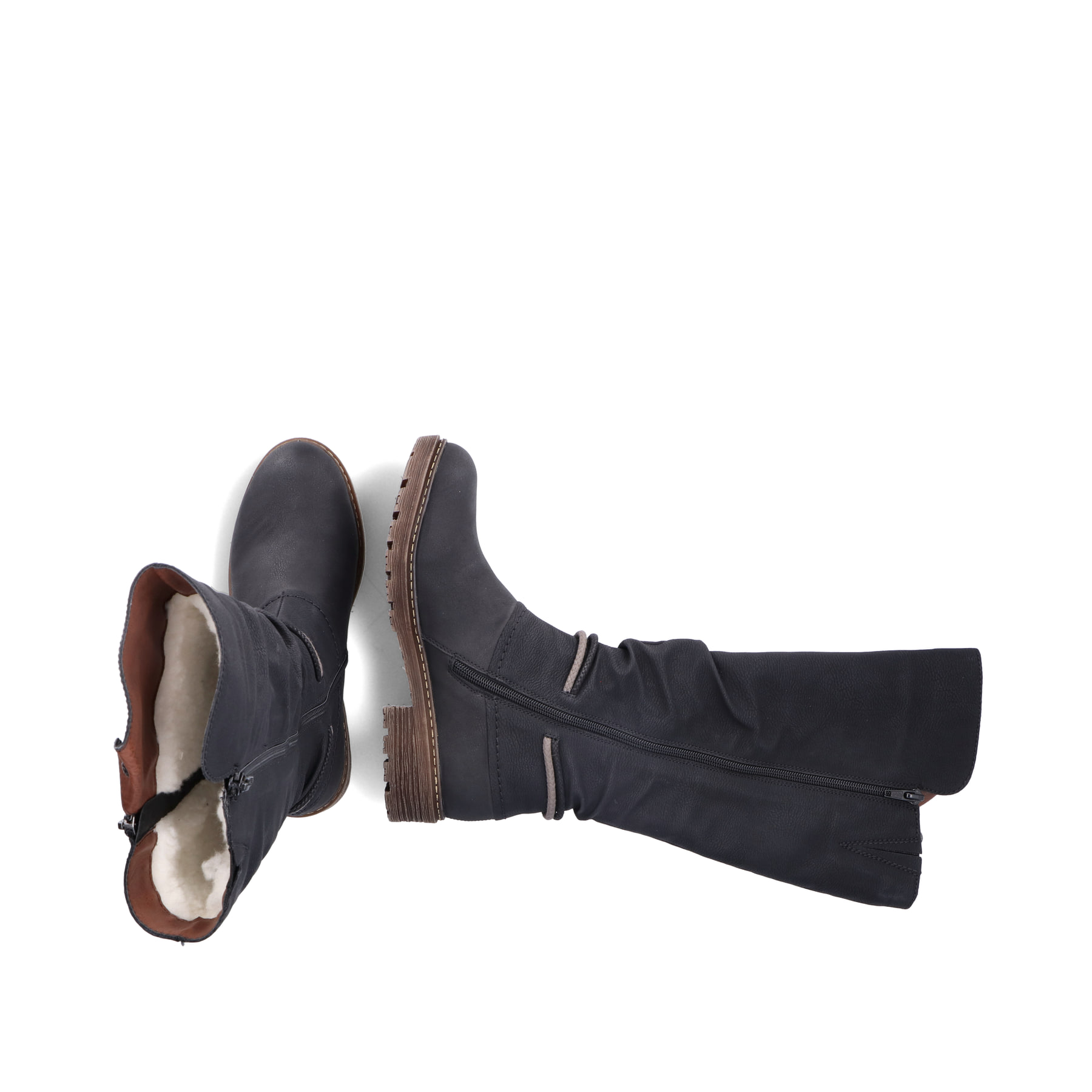 Schwarze Rieker Damen Hochschaftstiefel Z4759-01 mit schwarz-weißem Band. Schuh von oben, liegend.
