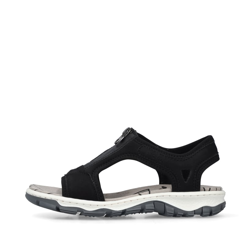 Tiefschwarze Rieker Damen Trekkingsandalen 68864-00 mit einem Reißverschluss. Schuh Außenseite.