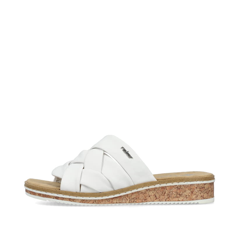 Weiße Rieker Damen Pantoletten V3608-80 mit einer schockabsorbierenden Sohle. Schuh Außenseite.