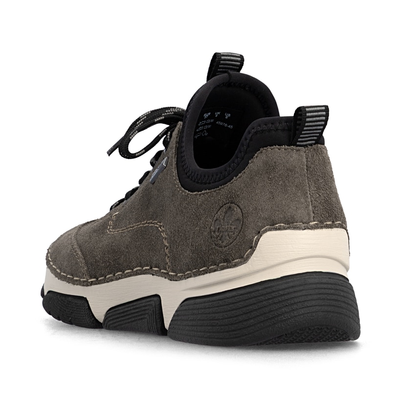 Dunkelgraue Rieker Damen Slipper 45976-45 aus Rauleder. Schuh von hinten.