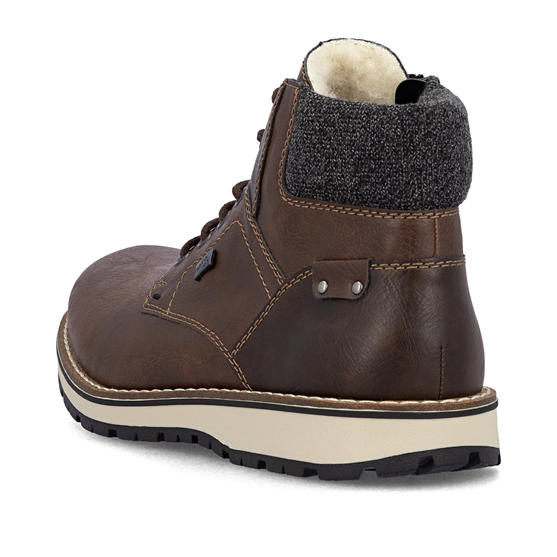 Kastanienbraune Rieker Herren Schnürstiefel 38434-26 mit einer robusten Profilsohle. Schuh von oben