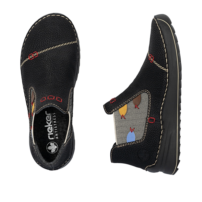 Schwarze Rieker Damen Chelsea Boots 51592-00 mit bunten Details sowie Gummizug. Schuh von oben, liegend.