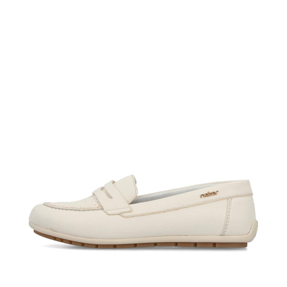 Weiße Rieker Damen Loafer 43862-80 mit einer herausnehmbaren Einlegesohle. Schuh Außenseite.